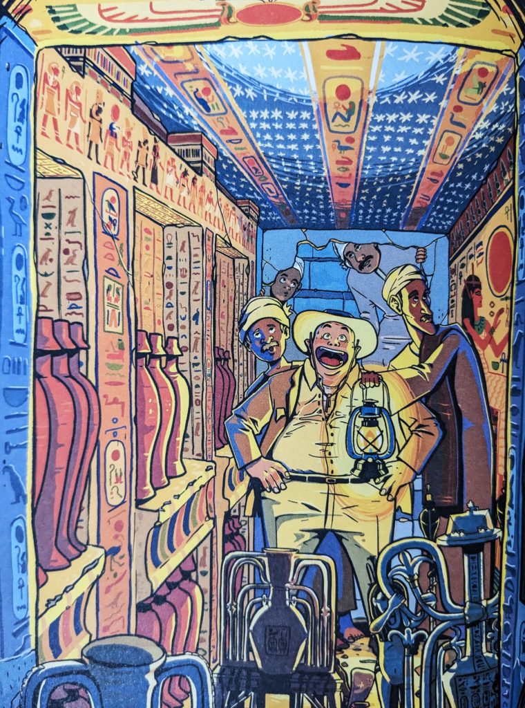 1 - Boxwalla A full-color illustration of a cave in Egypt filled with jars containing wishes. A white man at the center looks ecstatic while the two older Egyptian men on his either side look conflicted.