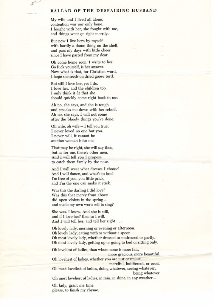 Ballad of the Despairing Husband - Boxwalla Ballad of the Despairing Husband by Robert Creeley
