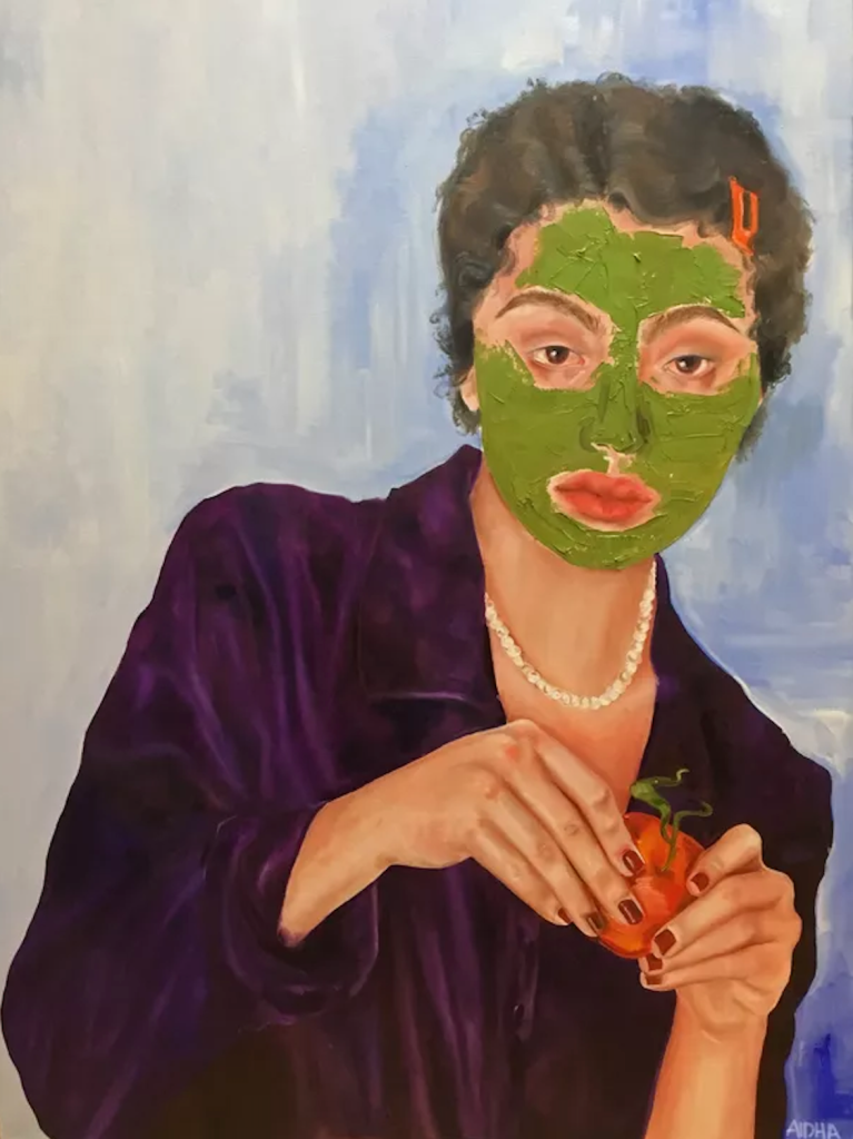 Image of woman with green face mask holding a fruit and staring. Self Portrait in Silk Shirt by Aidha Badr, 2018